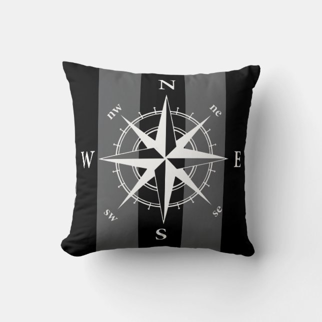 Nautical compass black white vertical strips cushion (Front)