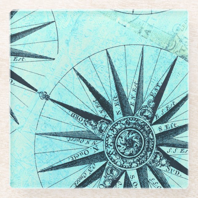 Nautical compass cool blue glass coaster (Front)
