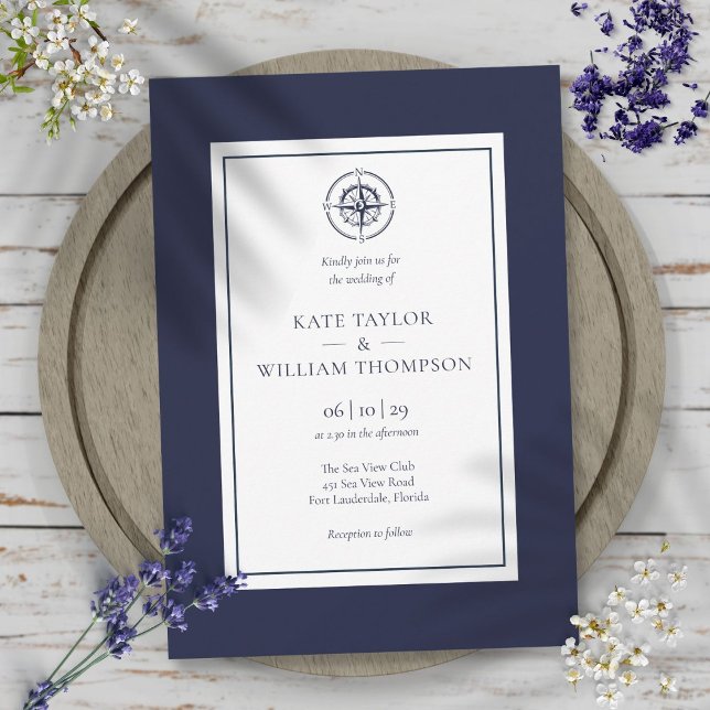 Nautical Compass Navy Blue And White Wedding Invitation (Nautical Compass Navy Blue And White Wedding Invitation)