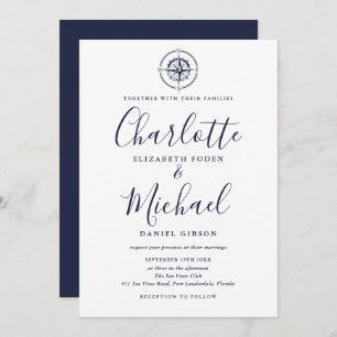 Nautical Compass Navy Blue Script Wedding Invitation