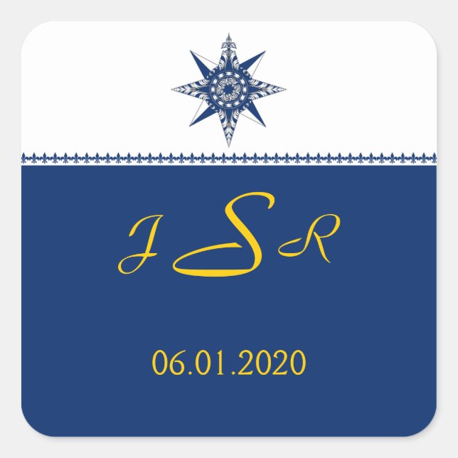 Nautical Compass Navy Yellow Monogram Sticker (Front)