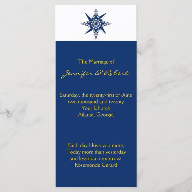 Nautical Compass Navy Yellow Wedding Program (Front)