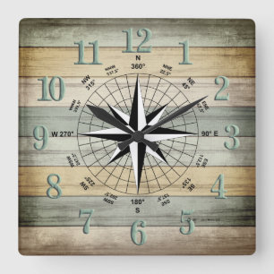 Nautical Compass on Rustic Coloured Beach Wood 2 Square Wall Clock