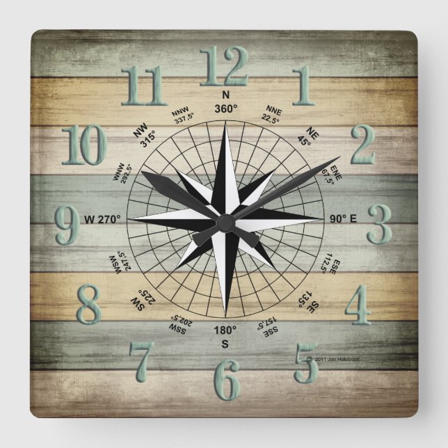 Nautical Compass on Rustic Coloured Beach Wood 2 Square Wall Clock (Front)