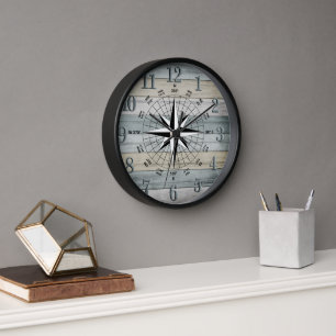 Nautical Compass on Rustic Coloured Beach Wood Clock