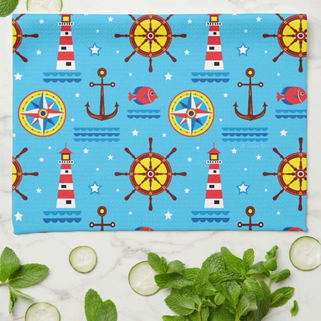 Nautical Compass Pattern Tea Towel (Folded)