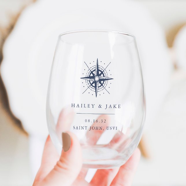 Nautical Compass Personalised Wedding Favour Stemless Wine Glass (Creator Uploaded)