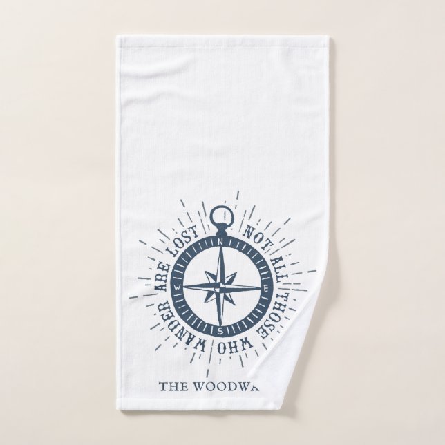 Nautical Compass & Quote Personalised Family Name  Bath Towel Set (Hand Towel)