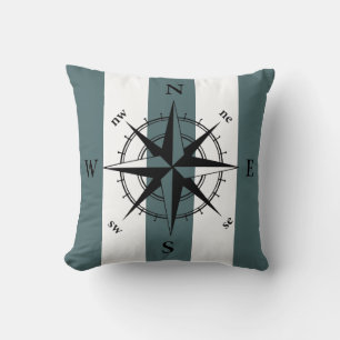 Nautical compass retro muted teal vertical strips cushion
