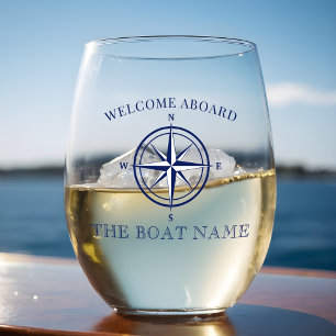 Nautical Compass Rose Boat Name Stemless Wine Glass