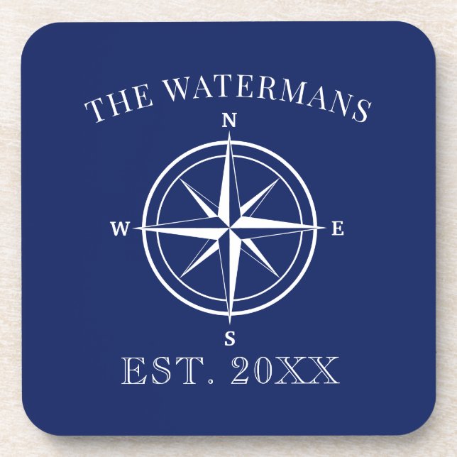 Nautical Compass Rose Family Name Navy Blue Coaster (Front)