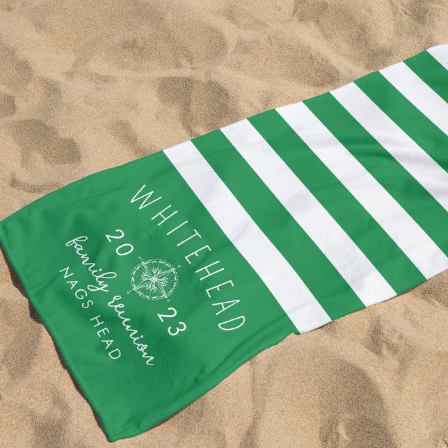Nautical Compass Rose Stripe Kelly Green Monogram Beach Towel (Creator Uploaded)