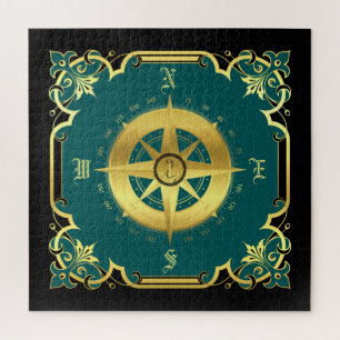 Nautical compass silhouette/gold/black/aqua jigsaw puzzle