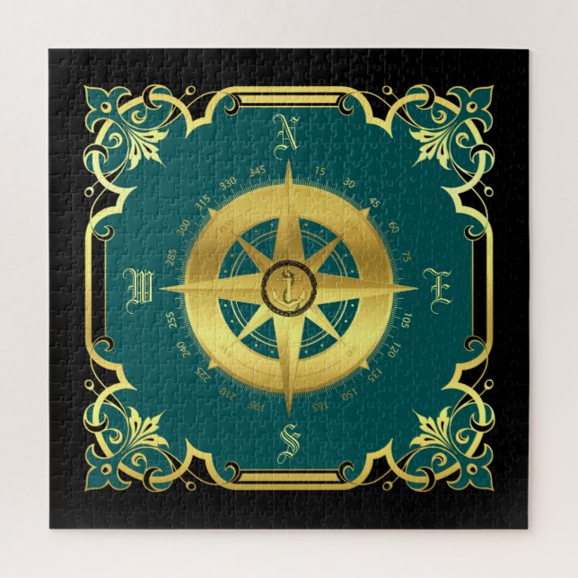 Nautical compass silhouette/gold/black/aqua jigsaw puzzle (Vertical)