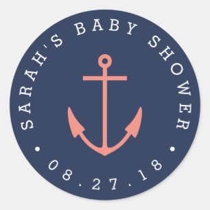 Nautical Coral and Navy Anchor Baby Shower Classic Round Sticker