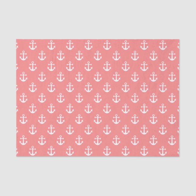 Nautical Coral and White Anchor Pattern Tissue Paper (Front)