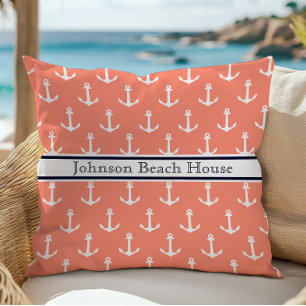 Nautical Coral Blue White Anchor Pattern Name Cushion