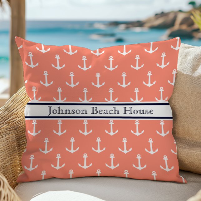 Nautical Coral Blue White Anchor Pattern Name Cushion (Creator Uploaded)