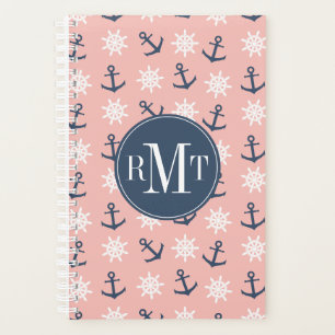 Nautical coral navy blue anchor and wheel pattern planner