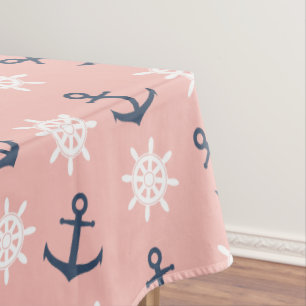 Nautical coral navy blue anchor and wheel pattern tablecloth