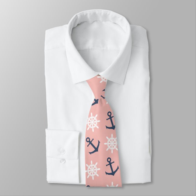 Nautical coral navy blue anchor and wheel pattern tie (Tied)