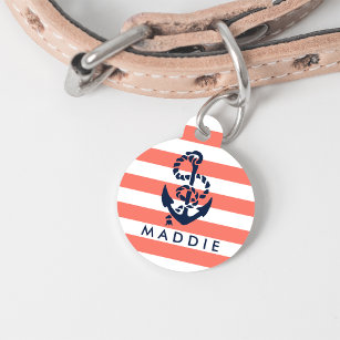 Nautical Coral & Navy Stripe Anchor Personalised Pet Tag