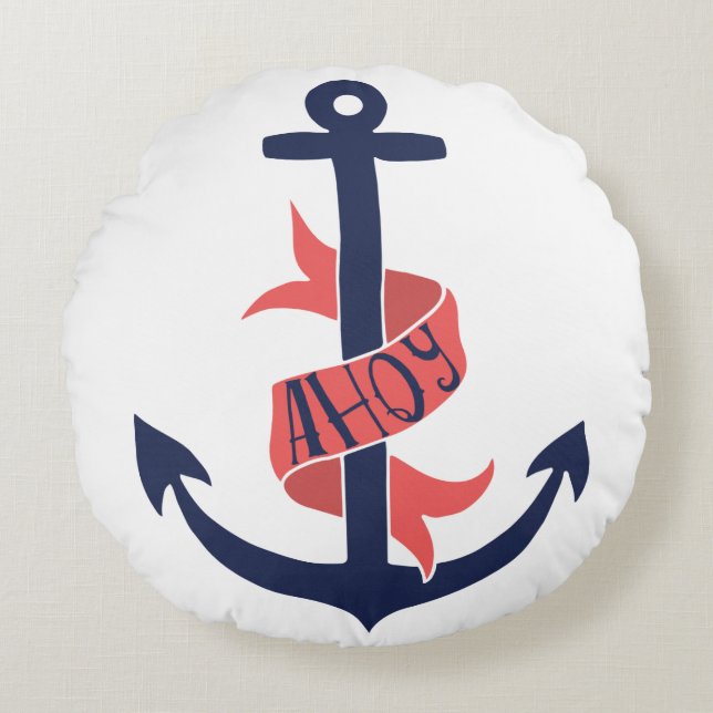 Nautical Coral Orange Navy Take the Helm Mate! Round Cushion (Front)