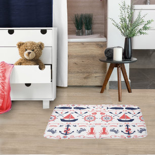Nautical Coral Orange Navy Whales Ropes and Banner Bath Mat