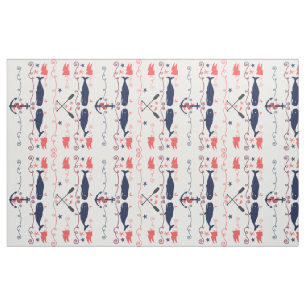 Nautical Coral Orange Navy Whales Ropes and Banner Fabric