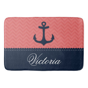 Nautical Coral Pink Navy Blue Anchor Custom Name Bath Mat