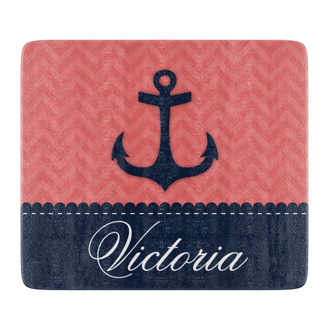 Nautical Coral Pink Navy Blue Anchor Custom Name Cutting Board (Front)