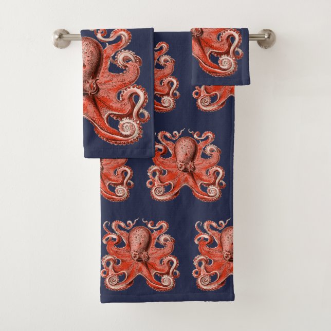 Nautical Coral Pink Octopus Sea Creature Bath Towel Set (Insitu)