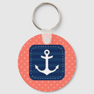 Nautical Coral Polka Dot Pattern Navy Blue Anchor Key Ring