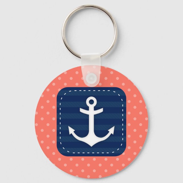 Nautical Coral Polka Dot Pattern Navy Blue Anchor Key Ring (Front)