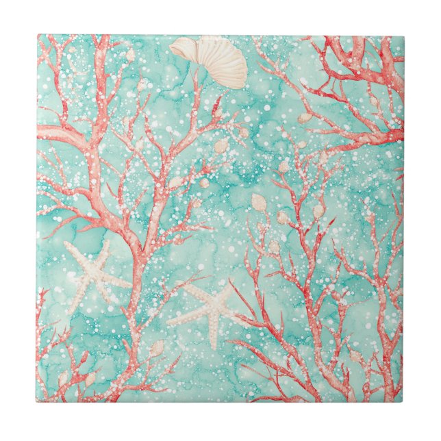 Nautical Coral Starfish Pattern Ceramic Tile (Front)