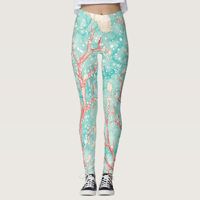 Nautical Coral Starfish Pattern Leggings (Front)