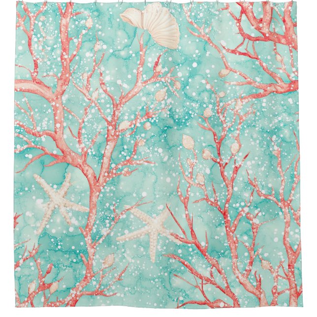 Nautical Coral Starfish Pattern Shower Curtain (Front)