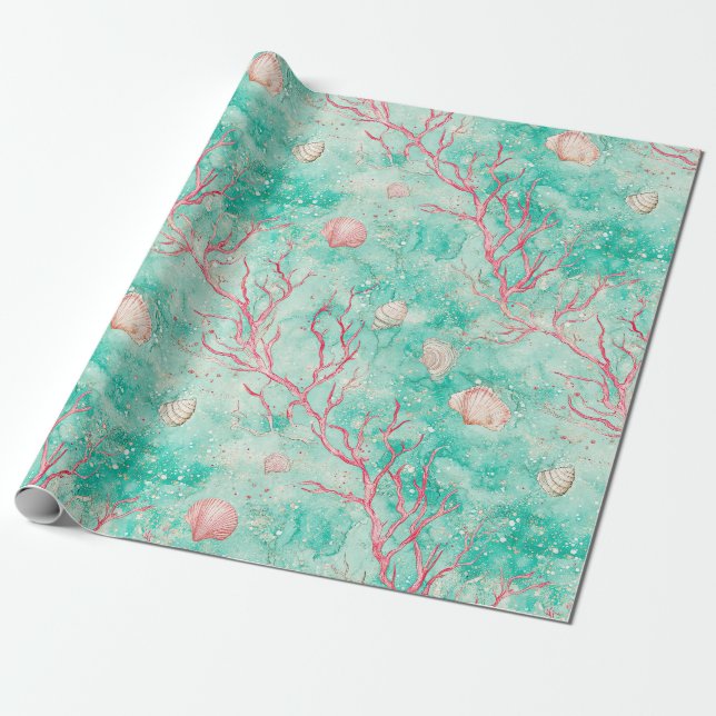 Nautical Coral Starfish Pattern Wrapping Paper (Unrolled)