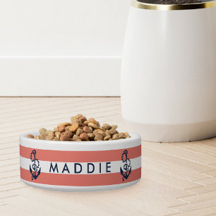 Nautical Coral Stripe & Navy Anchor Personalised Bowl