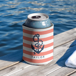 Nautical Coral Stripe & Navy Anchor Personalised Can Cooler