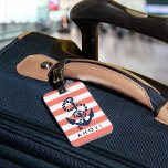 Nautical Coral Stripe Navy Anchor Personalised Luggage Tag<br><div class="desc">Design features a rope and anchor illustration in classic navy blue on a coral and white stripe background. Customise with your name and contact details on back; wording on front is customisable as well. Coordinating accessories available in our shop!</div>