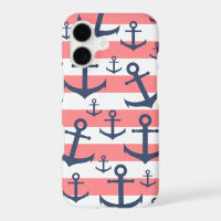 Nautical coral stripe navy blue anchor pattern