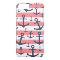 Nautical coral stripe navy blue anchor pattern