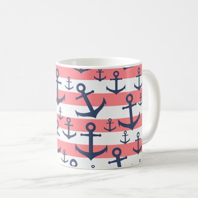 Nautical coral stripe navy blue anchor pattern coffee mug (Front Right)