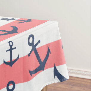 Nautical coral stripe navy blue anchor pattern tablecloth