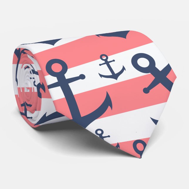 Nautical coral stripe navy blue anchor pattern tie (Rolled)