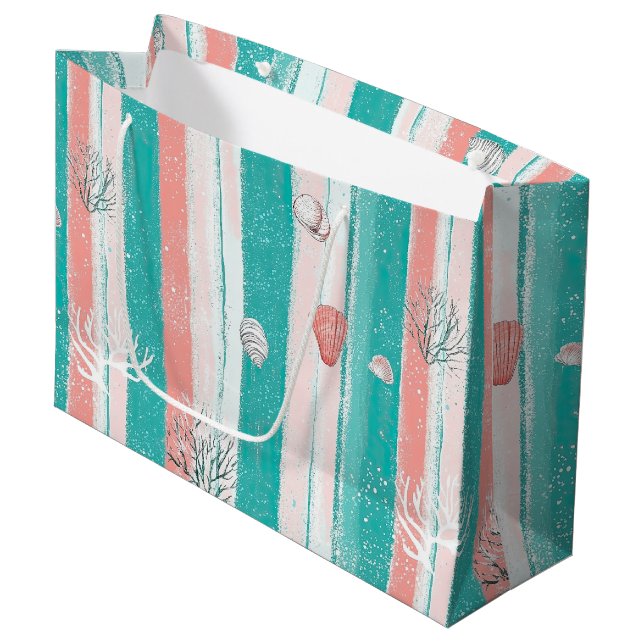 Nautical Coral Stripe Pattern Large Gift Bag (Front Angled)