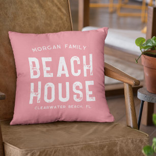 Nautical Coral & White Beach House Family Name Cushion