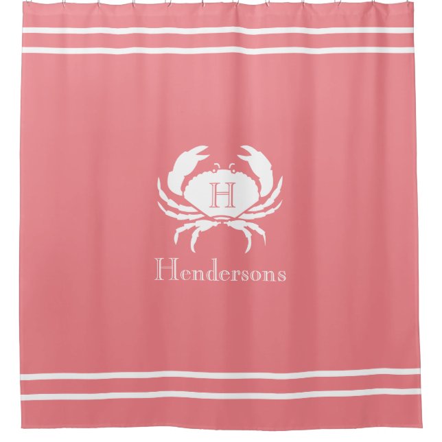 Nautical Coral White Crab Monogram Name Shower Curtain (Front)