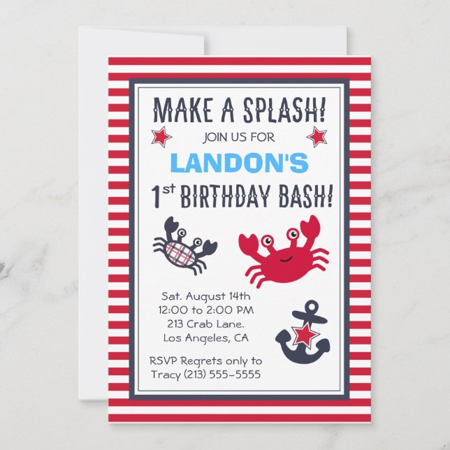 Nautical Crab & Anchor Boy's Birthday Invitation (Front)